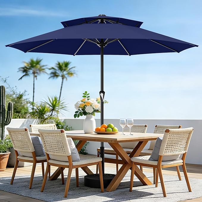 AreShark 11ft 2 Tiers Patio Umbrella - Outdoor Umbrella Waterproof UV Protection, Market Table Umbrella w/ 8 Sturdy Ribs&Crank for Pool, Porch, Garden(Navy)