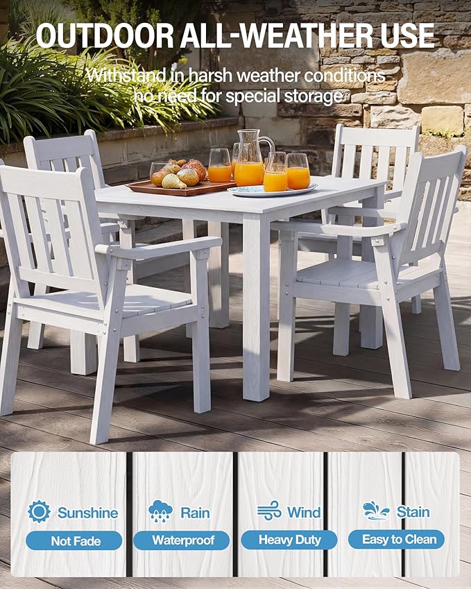 YEFU HIPS Patio Table Set: 5 Piece Outdoor Square Table and Chairs with Metal Aluminum Frame - White Modern Plastic Patio Dining Furniture Set 4 Person for Outside Deck