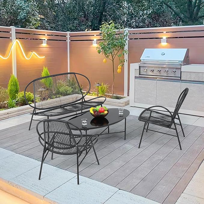Athena Collection Outdoor Patio Furniture Set 4 Pieces, Metal Outdoor Table and Acapulco Chairs, Small Patio Furniture Bistro Conversation Set for Balcony, Front Porch, Backyard, Gardern, Black