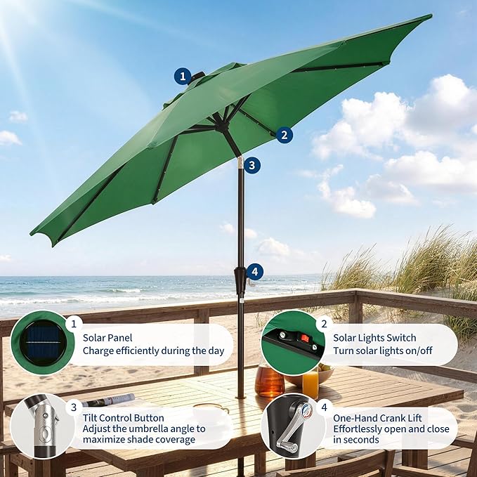 Garvee 10FT Patio Umbrella with 32 Solar LED Lights, Outdoor Table Market Umbrella with Tilt and Crank, 8 Sturdy Iron Ribs Sun Shade for Garden, Deck, Backyard and Pool, Dark Green