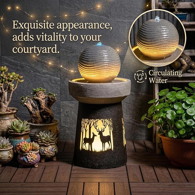 32.1" H Modern Deer Forest Outdoor Water Fountain with LED Lights and Pump, Floor Standing Waterfall Feature Outdoor Garden Fountain for Garden, Porch, Patio and Backyard Decor, Grey