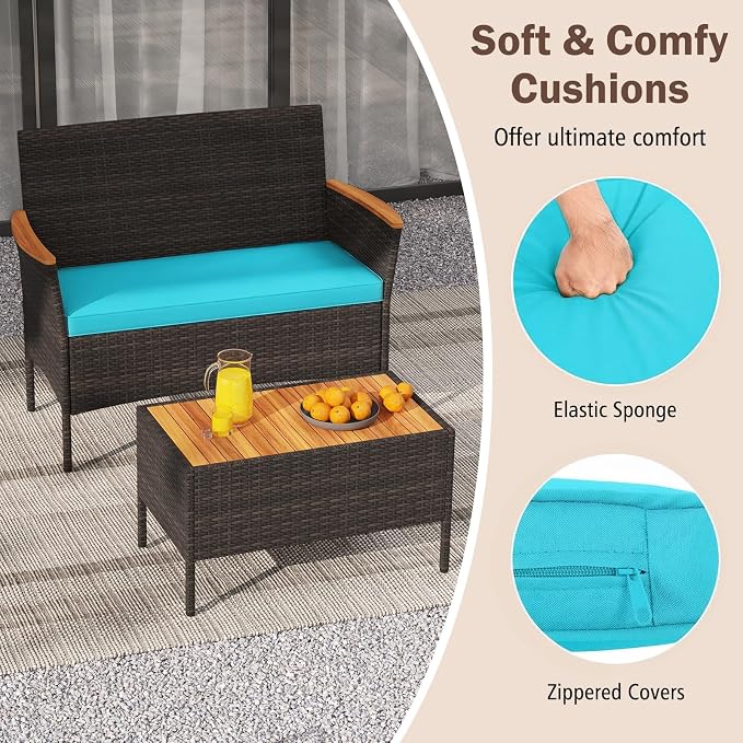 Tangkula 4 Pieces Patio Wicker Sofa Set, 2 Rattan Chairs & Loveseat w/Coffee Table, Acacia Wood Armrests & Tabletop, Outdoor Cushioned Conversation Set for Backyard, Poolside (Turquoise, 4 Pieces)