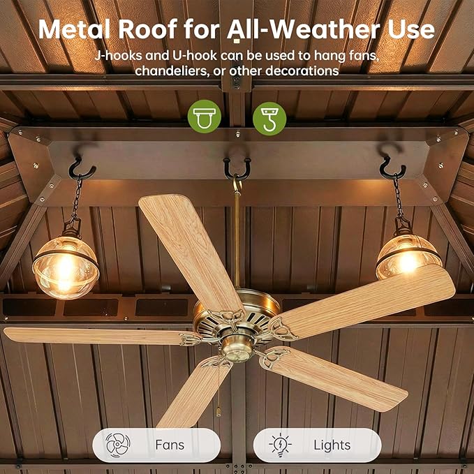 12x20FT Hardtop Gazebo with 72FT Solar String Lights, Metal Frame with Double Galvanized Steel Roof, Permanent Outdoor Pergola for Backyard, Patio, Lawn and Garden, Brown