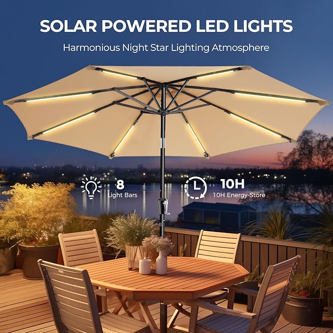 HOMSHADE 9ft Solar Patio Umbrella - Solar Lights LED Lighted UPF50+ UV Protection Umbrella, Outdoor Market Table Umbrella with Push Button Tilt, Crank for Pool Deck and Garden (Beige)