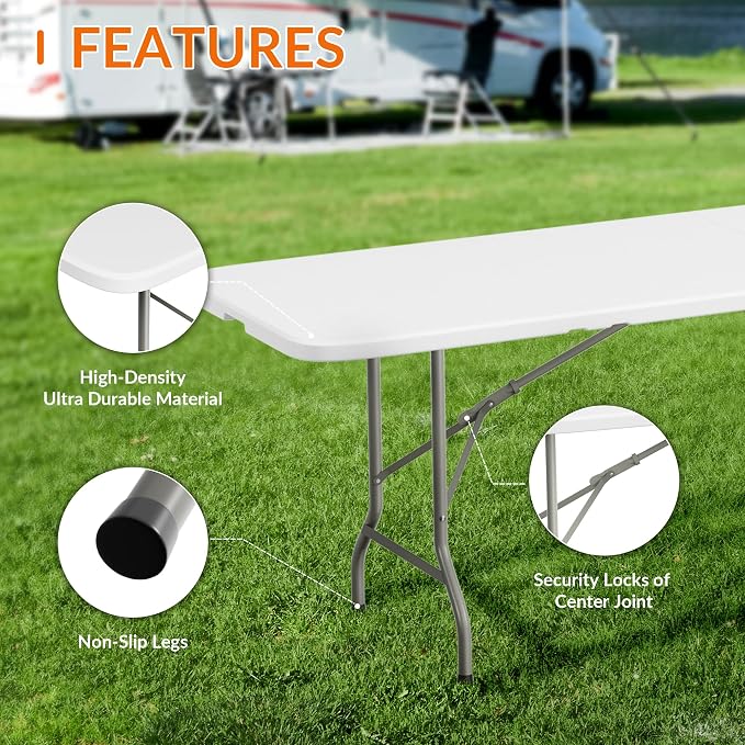 Elevon Folding Table Set with 10 Black Folding Chairs,8 Feet Heavy Duty Fold-in-Half Utility Table Sets for Picnic, Event, Training, Outdoor Activities, at Home and Commercial Use