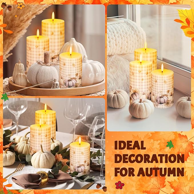 Tuanse 3 Pcs Thanksgiving Fall Flameless Candles Maple Leaf LED Candle Lights Battery Operated Candles Mixed Size Flickering LED Light for Fall Thanksgiving Halloween Harvest(Pumpkin)