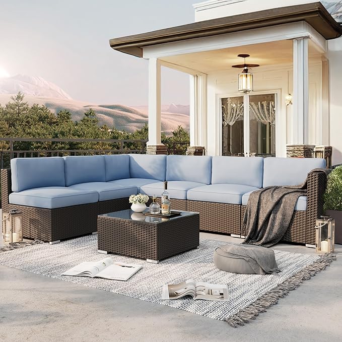 SUNCROWN 7-Piece Outdoor Patio Furniture Sofa Set All-Weather Wicker Sectional Conversation Set with Modern Glass Coffee Table and Cushions（Light Blue）
