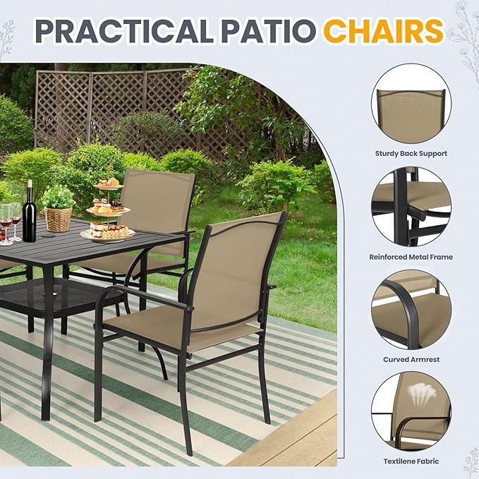 5-Piece Patio Dining Set,4 Person Outdoor Table and Chairs Set, 4 Metal Dining Chairs and Square Outdoor Table with 1.57" Umbrella Hole,Khaki