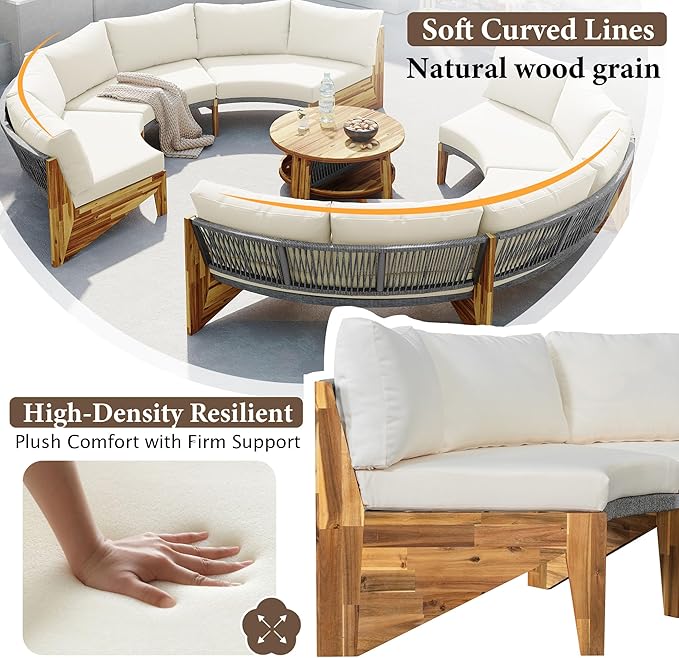 3-Piece Outdoor Patio Furniture Sectional Sofa Set, 2 Semi-Circle Sofas with Coffee Table, All-Weather Acacia Wood Conversation Set with Cushions for Garden Backyard Balcony, Freely Combined