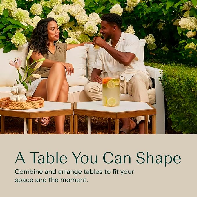 Honeycomb Indoor/Outdoor Omni Table: Weather, Rust, Heat, and Stain Resistant, Flexible Design to Stand Alone or be Combined, Stylish Yet Sturdy, White Tile Top, Steel Frame with Ebony Finish
