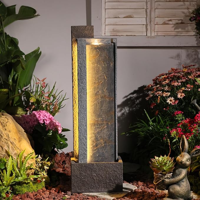 Sunlinua 43H Modern Outdoor Water Fountain with LED Light Garden Cascading Waterfall Feature for Indoor or Outdoor Cascading Waterfall for Relaxing Garden Patio Backyard Deck Porch or Home Décor