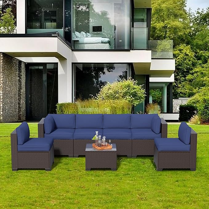 7 Piece Patio Furniture Set, Wicker Patio Conversation Sets, Outdoor Sectional Furniture with Tempered Glass Table, for Backyard, Deck, Garden, Dark Brown Rattan & Dark Blue Cushions