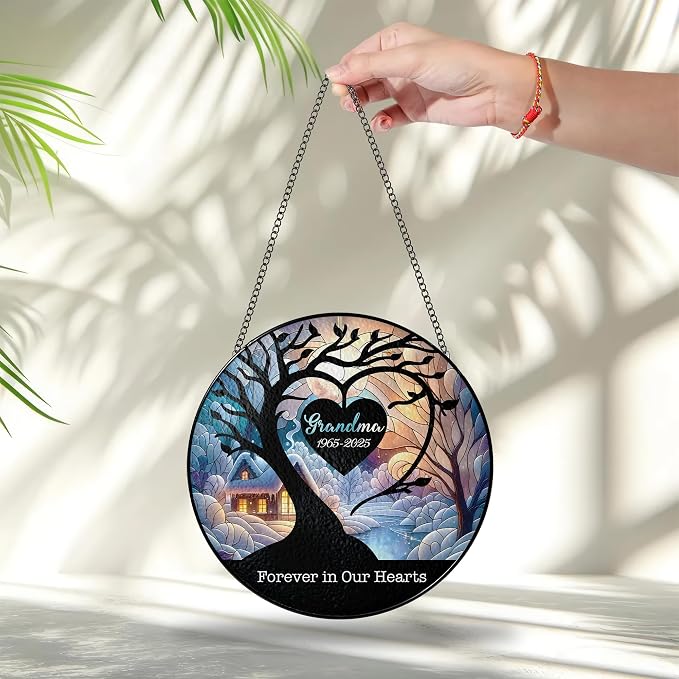 Personalized Memorial Stained Glass Suncatcher - Forever in Our Hearts Christmas Ornament - in Loving Memory Gift for Loss of Loved One - Sympathy Keepsake from Family
