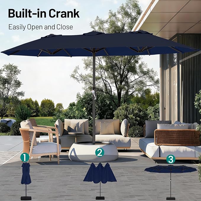 AreShark 15FT Outdoor Patio Umbrella with Crank, Large Rectangular Market Umbrella, Double-Sided Outdoor Umbrellas with Cross Base & Sandbag for Porch, Lawn, Pool, Backyard, Navy