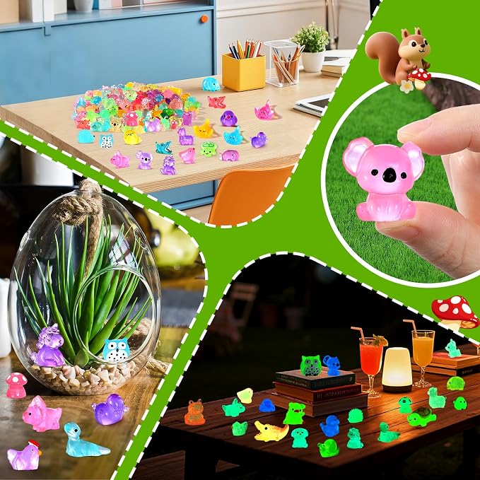 200PCS Luminous Mini Resin Animals 30 Styles, Little Small Animal Figures to Hide Tiny Resin Animals Variety Pack for Fairy Garden Accessories Micro Landscape Dollhouse Decor.