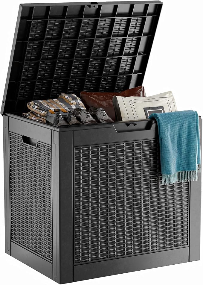 PatioZen 31 Gallon Wicker Pattern Resin Deck Box, Lockable Patio Outdoor Storage Box for Furniture, Garden Tools and Tools Storage, Waterproof Outside Storage Box (Black)