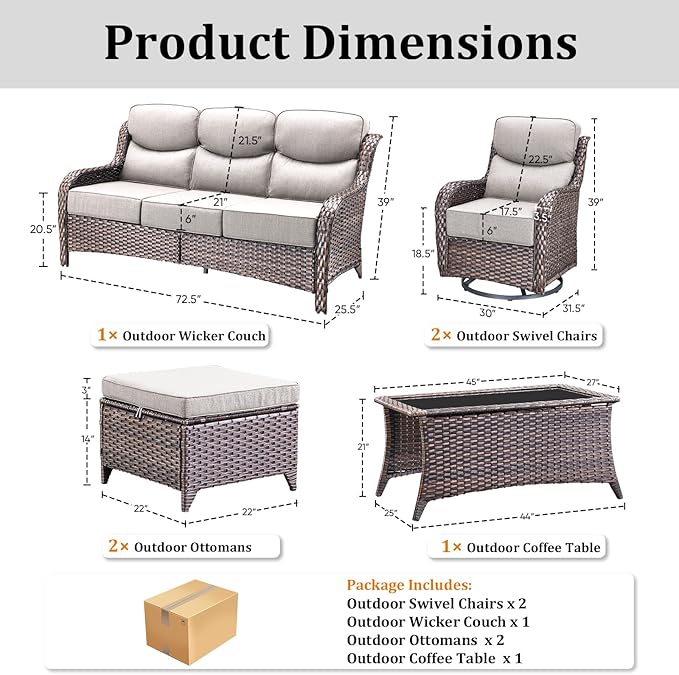 Luxury High Back Patio Furniture Set with 6-Inch Thick Cushions, 6-Pieces Outdoor Furniture with Swivel Chairs, Wicker Conversation Set for Porch, Balcony, Deck and Yard, Brown/Beige