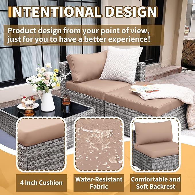 UDPATIO 5 Piece Patio Furniture Set, All-Weather Wicker Outdoor Sectional Sofa, L Shaped Outdoor Conversation Couch with Ottoman, Glass Table for Balcony Porch Backyard, Khaki