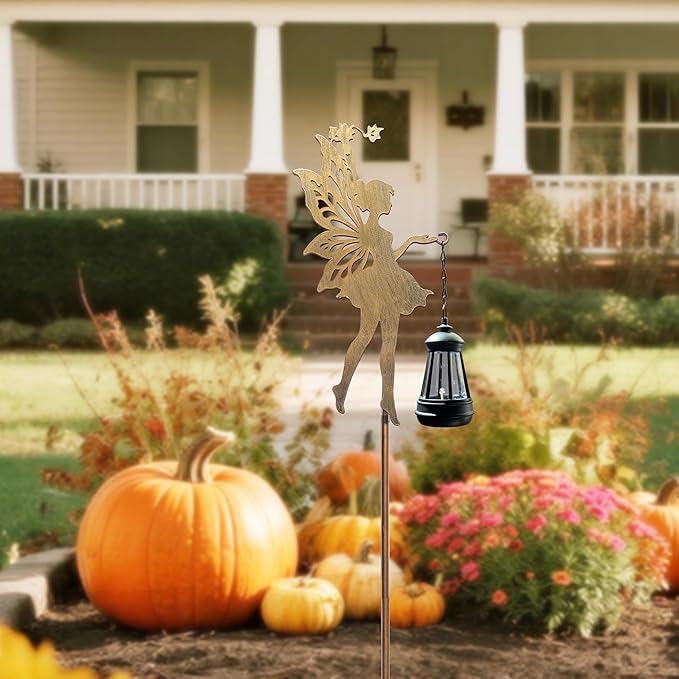 Solar Fairy Garden Decor, Outdoor Metal Fairy Statues with Stakes, Waterproof Garden Ornament for Patio, Lawn, Yard, Housewarming Gift for Gardening Mom & Grandma