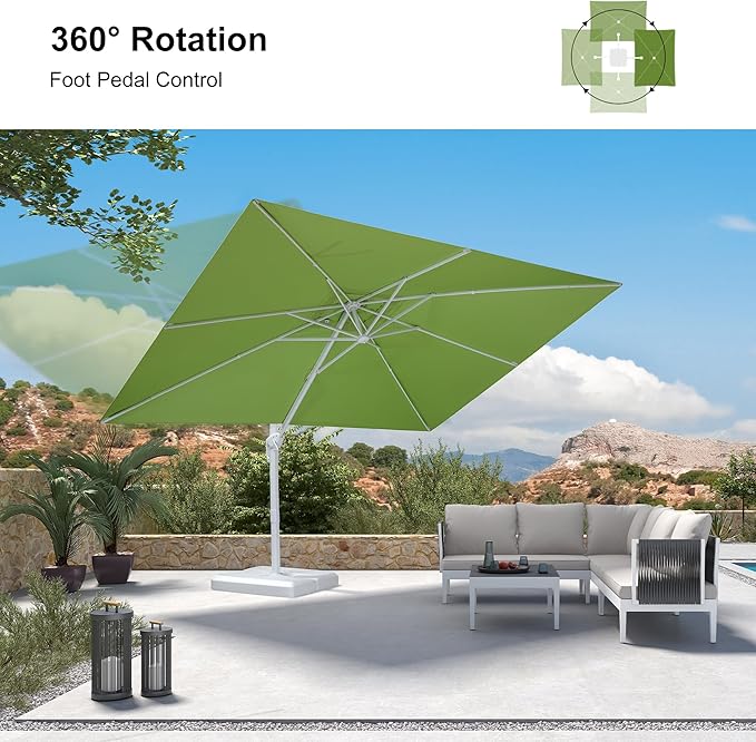 PURPLE LEAF 9' × 11.5' Patio Umbrella With Base White Cantilever Umbrella Square Outdoor Offset Umbrella Windproof with 360° Rotation for Garden Deck Pool, Macaw Green