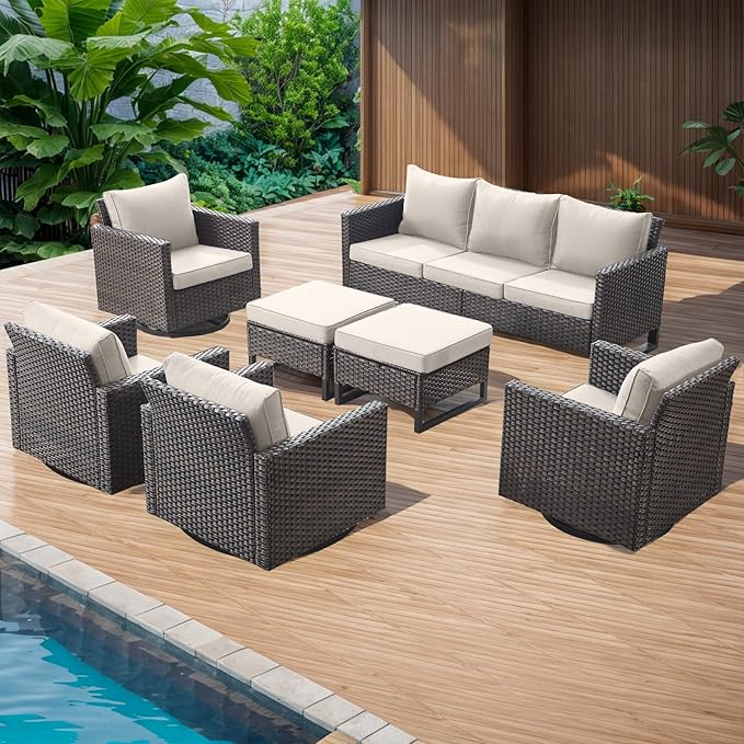 Rilyson Wicker Outdoor Patio Furniture Set - 7 Piece Patio Conversation Set with 4 Swivel Rocker Chairs,2 Rattan Ottoman and 1 Couch for Outside Porch Deck Backyard(Brown/Beige)