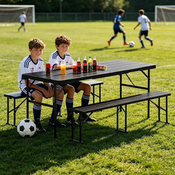 Folding Table with 2 Benches Set, 6FT Picnic Table with 2 Chairs, 3pcs Plastic Camping Tables and Foldable Bench Sets Indoor & Outdoor for Party, Camping, Picnic, Wedding, BBQ, Black