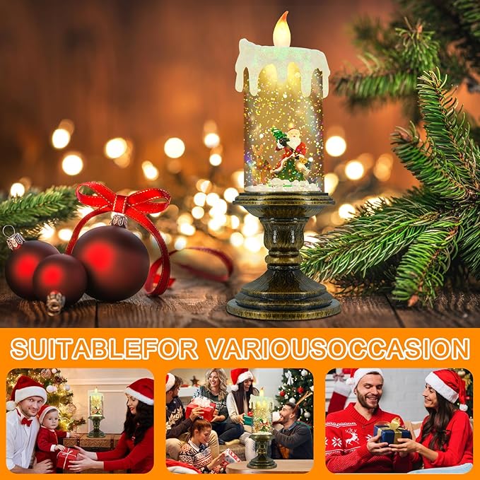 AOMIL Christmas Flameless Candles, Flickering Flameless Candles with Timer, Christmas LED Candles Battery Operated, Snow Globe Candle Light for Christmas Decorations