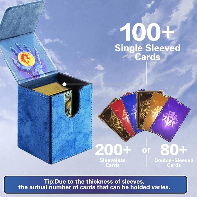 PROMAXIBINDER MTG Commander Deck Box with 2 Dividers, Fits 100+ Single Sleeved Cards, Strong Magnet Magic Gathering Deck Box, PU Leather Trading Card Storage Box for TCG CCG MTG Cards (Navy Blue-Tree)