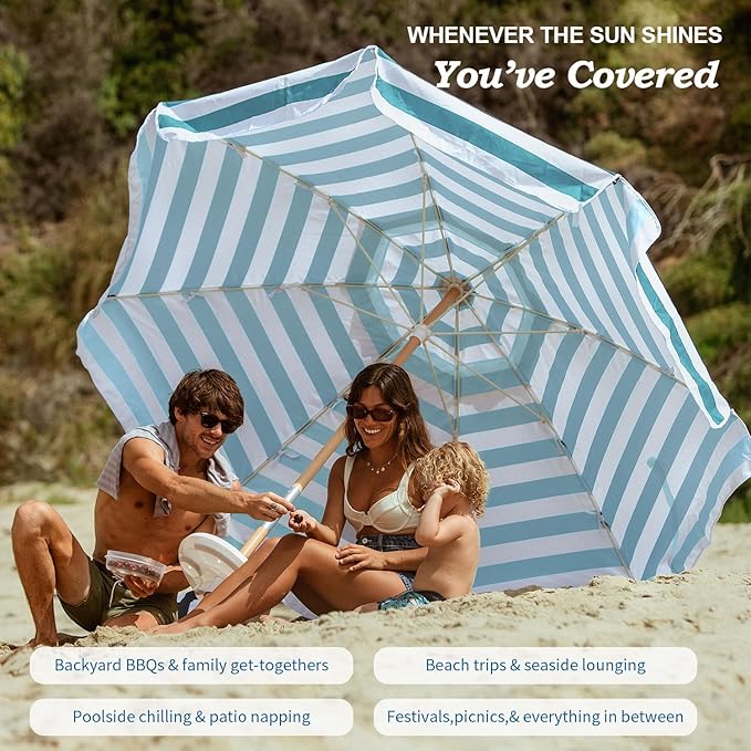 AMMSUN 7.5ft Heavy Duty HIGH Wind Beach Umbrella Commercial Grade Patio Beach Umbrella with Air Vent Ash Wood Pole & Carry Bag Turquoise White