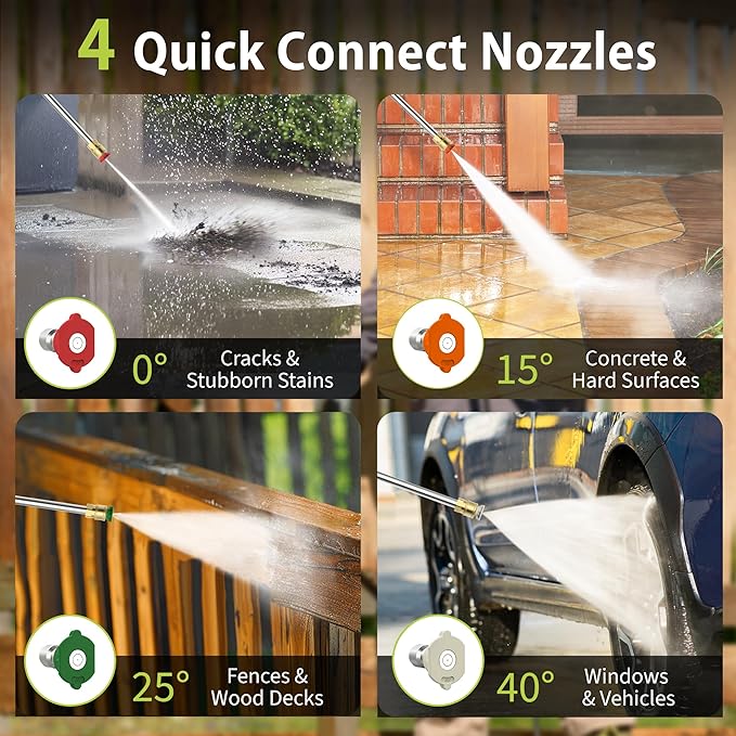 Yeryork Pressure Washer, 3000 PSI Power Washer with 4 Lockable Wheels, Stainless Steel Lance, 4 Quick Connect Nozzles, 500ml Foam Cannon for Car/Decks/Driveways/Patios (Fluorescent Green)