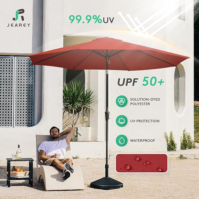 JEAREY 9FT Outdoor Patio Umbrella Outdoor Table Umbrella with Push Button Tilt and Crank, Market Umbrella 8 Sturdy Ribs UV Protection Waterproof for Pool, Garden (Red)