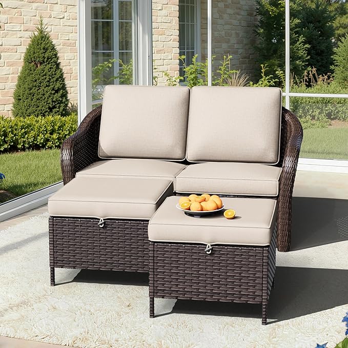 Patio Sectional Couch Set | 55" 2-seat Patio Sofa with 2 Ottomans, Outside Wicker Sofa with Removable Cushions for Bistro, Deck Outdoor Conversation Furniture Set (Beige)