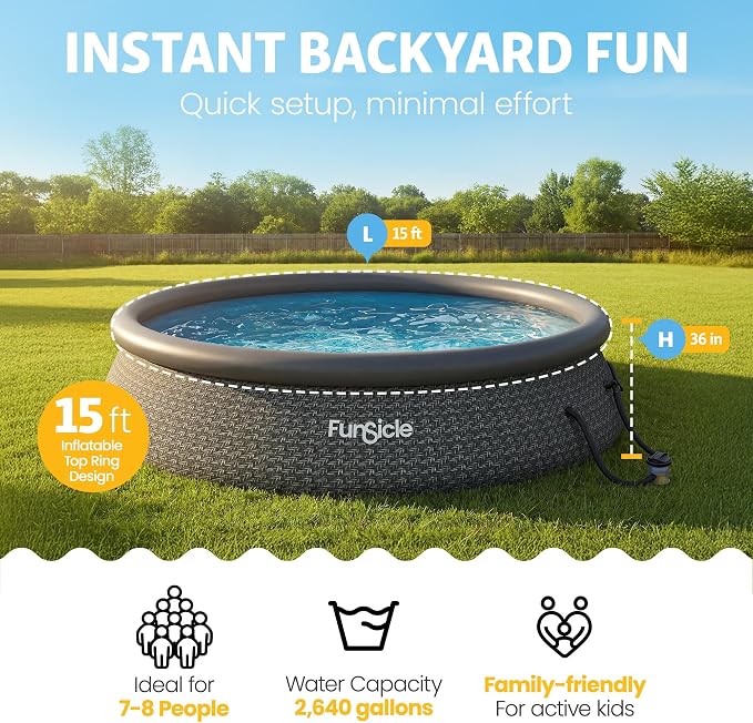 Funsicle Quickset Designer 15' x 36" Round Above Ground Swimming Pool, with FiltraBoost 800 GPH Filter Pump, Type D Filter Cartridge & Repair Patch, Dark Herringbone