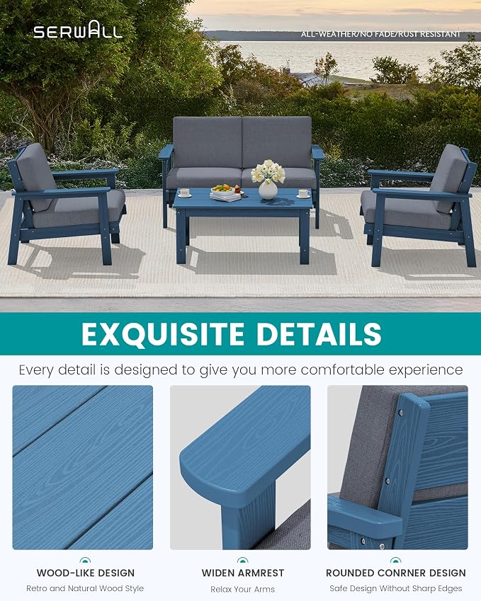SERWALL HDPE Patio Furniture Set with 15FT Double Side Patio Umbrella, All Weather Wood-Like Outdoor Sofa Sectional Couch, Blue Patio Furniture with Grey Cushions