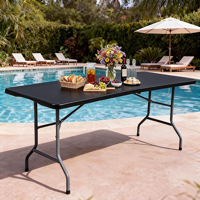 DWVO 6FT Folding Table, Heavy Duty Folding Tables with Carrying Handle, HDPE Fold up Table for Outdoor Camping Picnic Parties, Indoor Events (Black)
