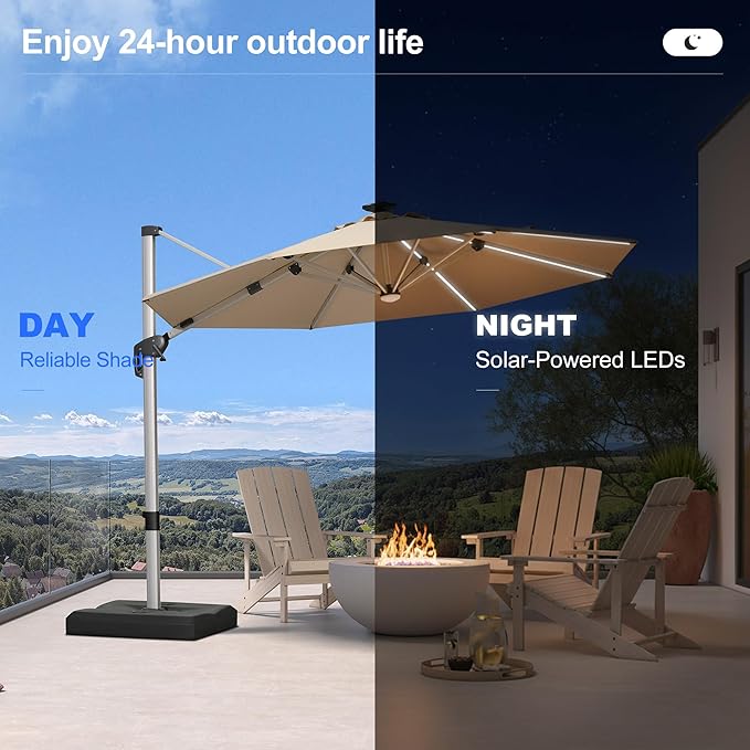 PURPLE LEAF 10ft Patio Umbrella with Lights Outdoor Round Cantilever Solar Powered LED Umbrella with 360-degree Rotation for Garden Deck Pool Patio, Beige