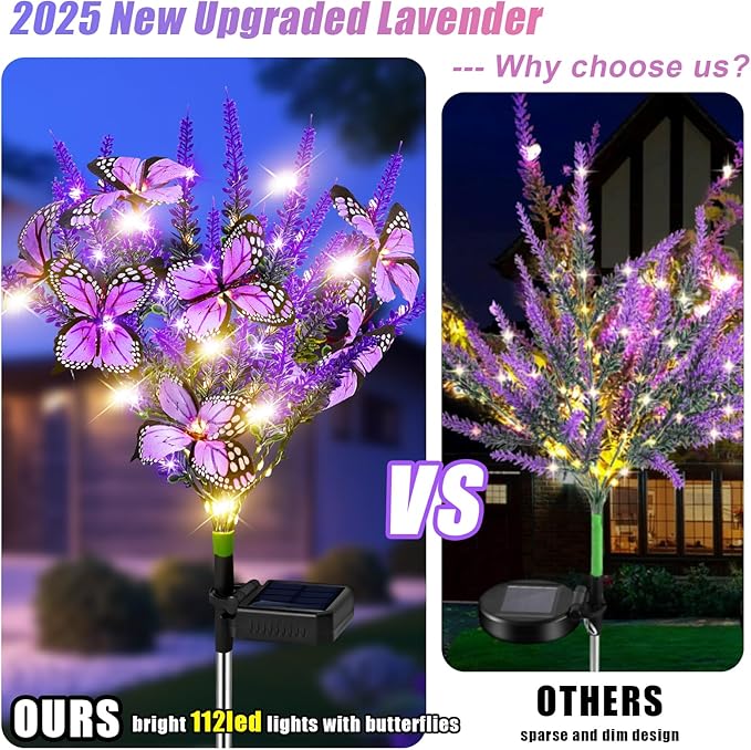 NBQQ Solar Garden Lights Outdoor 4 Pack Lavender Butterfly Lights, Solar Artificial Flower Outdoor Waterproof Decoration Gardening Gifts for Women, Yard Patio Pathway Lawn Courtyard Decoration