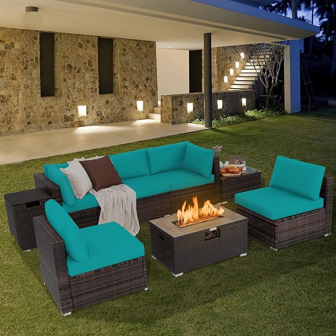 Tangkula 8 Piece Outdoor Wicker Sofa Set, Patio Rattan Conversation Set w/32” Propane Fire Pit Table & Tank Holder, 40,000 BTU Heat Output, Cozy Seat & Back Cushions, Fire Pit PVC Cover (Turquoise)