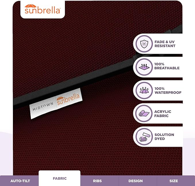 Midtown Umbrellas - The Lean 8 Ft Patio Umbrella with Fade-Resistant Sunbrella Fabric, Auto-Tilt Aluminum Frame and 8 Reinforced Ribs for Deck, Pool & Garden - Burgundy Canopy, Black Pole