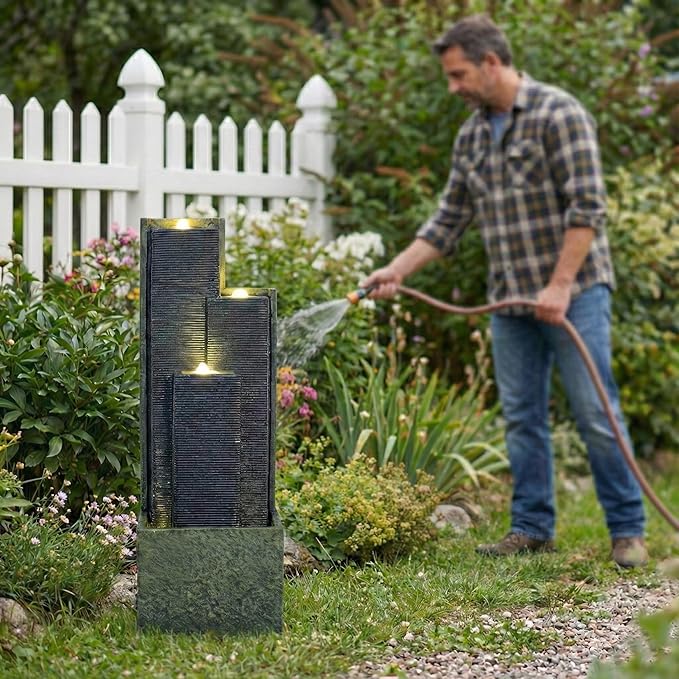 39.7'' H Modern Outdoor Water Fountain, Floor Standing Cascading Waterfall with LED Lights,Garden Cascading Indoor Resin Water Fountains Tall Floor for Garden Patio Porch Lawn Backyard Decor, Grey