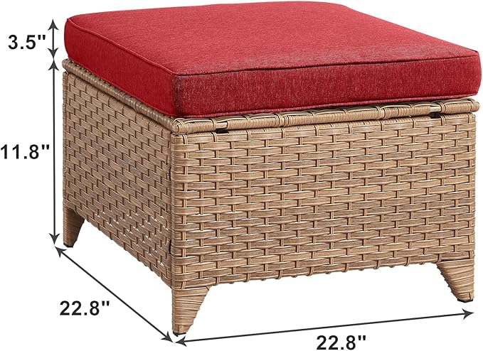 Rilyson Outdoor Ottoman Wicker Patio Ottomans - 2 Piece Footrest Footstools Set Rattan Outdoor Ottomans for Patio with Thick Cushions(Yellow/Red)