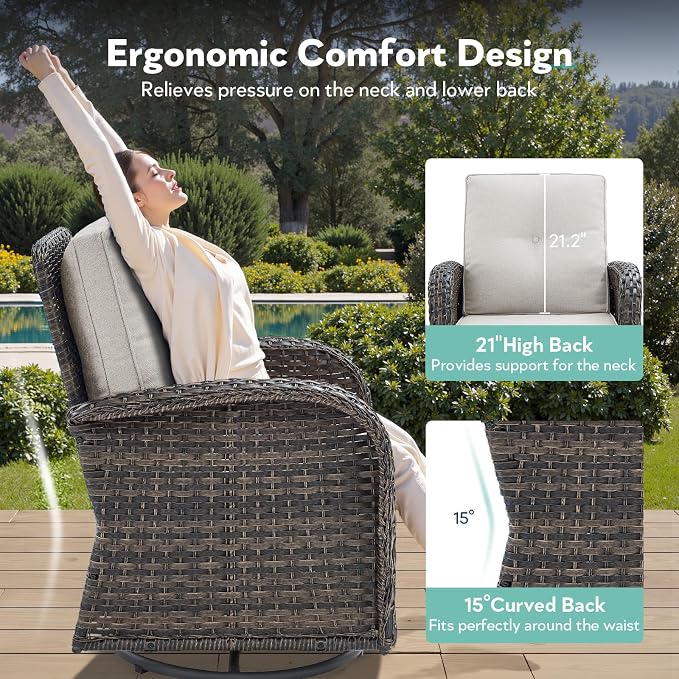5 Piece Patio Furniture Set with Fire Pit Table - Wicker Patio Conversation Set with Swivel Glider, Glider Loveseat, Tempered Glass Side Table for Deck Backyard - Brown Wicker Beige Cushion