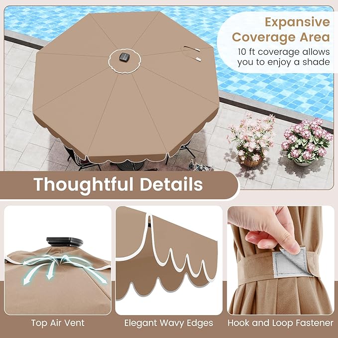 HAPPYGRILL 10 FT Patio Umbrella with Solar Lights, Market Sunshade with Ruffles, Vented Top, Tilt Adjustment & Built-in Crank, Outdoor Parasol Canopy for Backyard Poolside Deck Beach Lawn