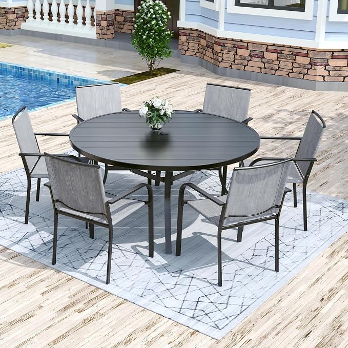 Anmutig Outdoor Patio Round Dining Table, 54"x 54" Metal Slatted Round Tabletop with Adjustable Umbrella Hole for Deck Lawn Garden Backyard Balcony Deck, Black