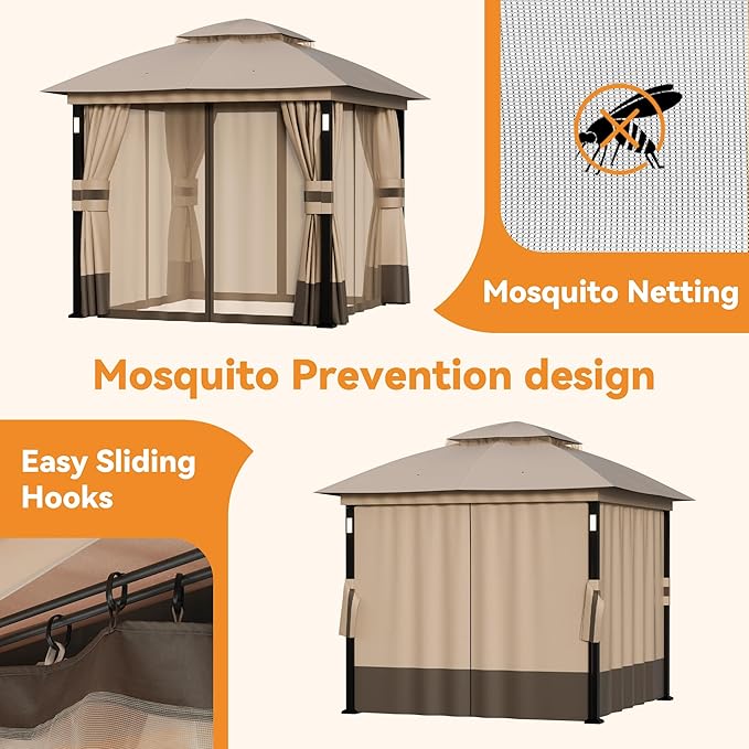 Covered Outdoor Patio Gazebo 8'x8' with LED Lights & Bluetooth Speaker, Heavy Duty Outdoor Canopy Shelter with Metal Frame, Double Roofs, Soft Top Gazebo with Netting and Curtains, Khaki