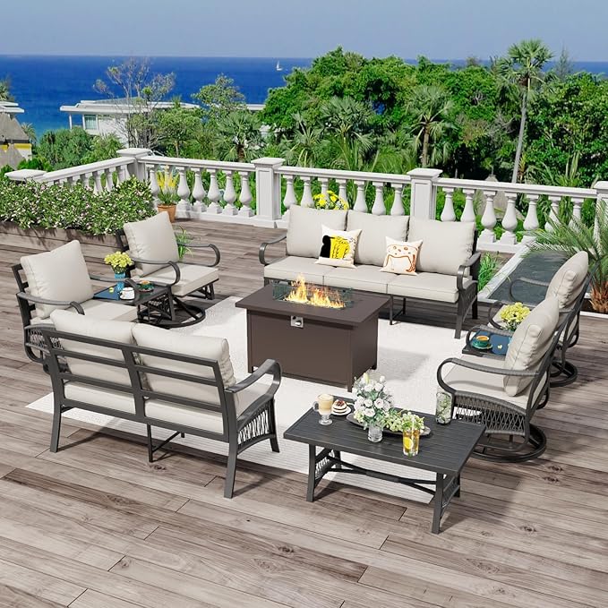 10 Piece Patio Furniture Set, All Weather Metal Outdoor Conversation Set with 50000 BTU Propane Fire Pit Table and 5" Thick Cushions, Sectional Sofa for Garden, Porch, Lawn, Beige