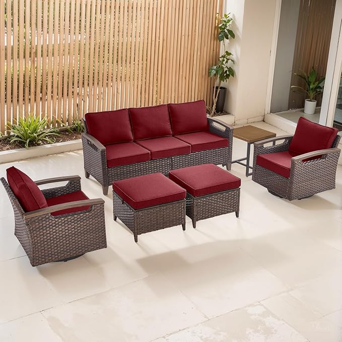 Rilyson Wicker Outdoor Patio Furniture Set - 6 Piece Patio Conversation Sets with Swivel Rocker Chairs, Sofa, Ottomans and Side Table, Thick Cushions, Waterproof Wicker, for Porch Deck Brown/Red