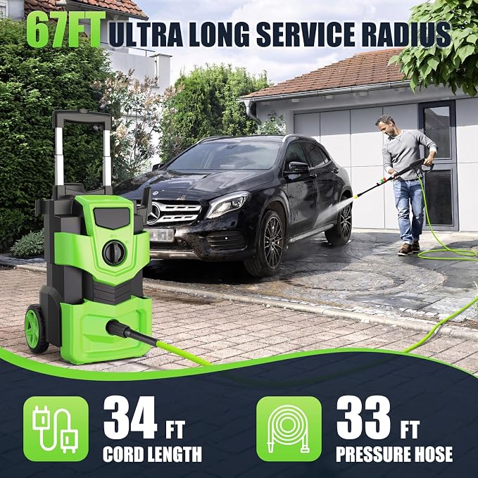 Pressure Washer 5000 PSI Adjustable Pressure, Power Washer Powered with 33ft Pressure Hose, 4 Nozzles and 500ml Foam Cannon, Powerwashers for Home, Green