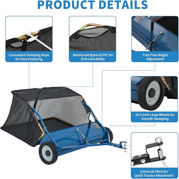 42" Tow Behind Lawn Sweeper, 14 cu. ft Capacity Leaf & Grass Collector-Adjustable Sweeping Height, Dumping Rope Design for Efficient Debris & Grass Cleanup on Yards, Driveways & Sidewalks
