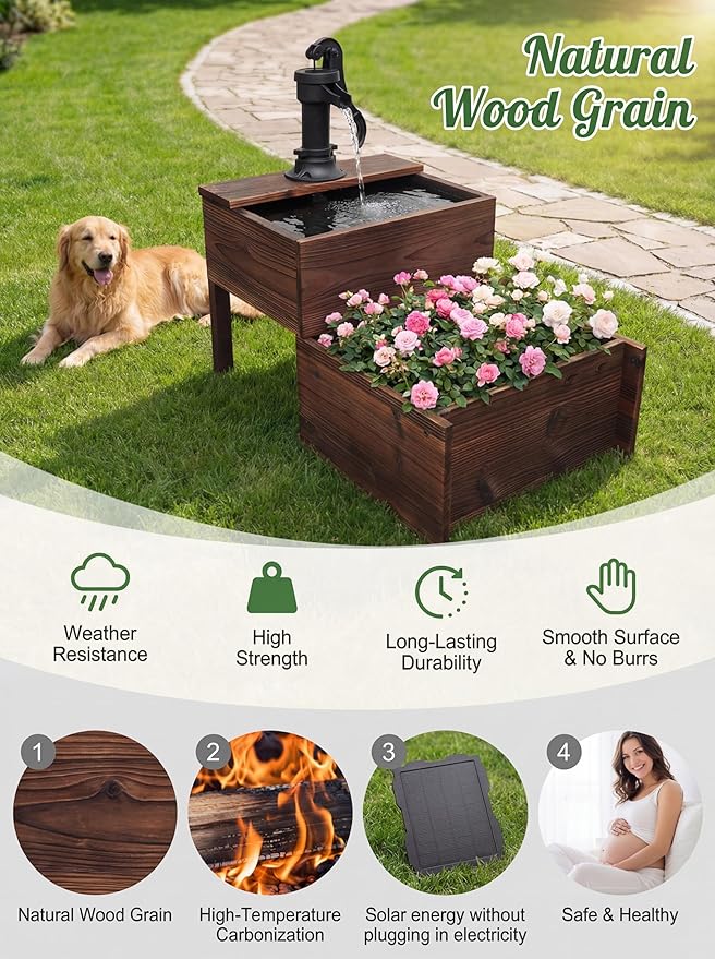 Outdoor Water Fountain, Floor Wooden Rectangular Double-Layer Old-Fashioned Hand Pump Fountain with Flower Box, Solar-Powered Electric Decorative Water Feature for Garden Patio Backyard